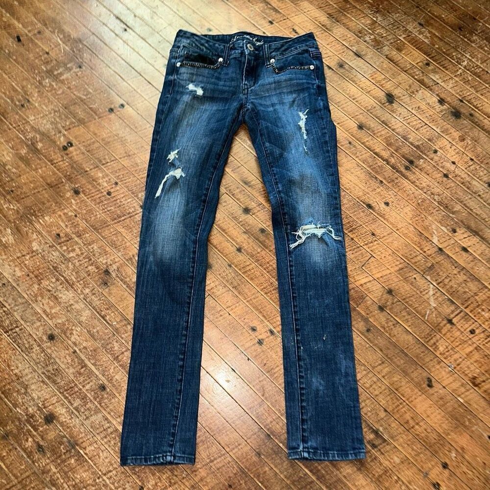 American Eagle distressed sequin low rise 4 skinny jeans